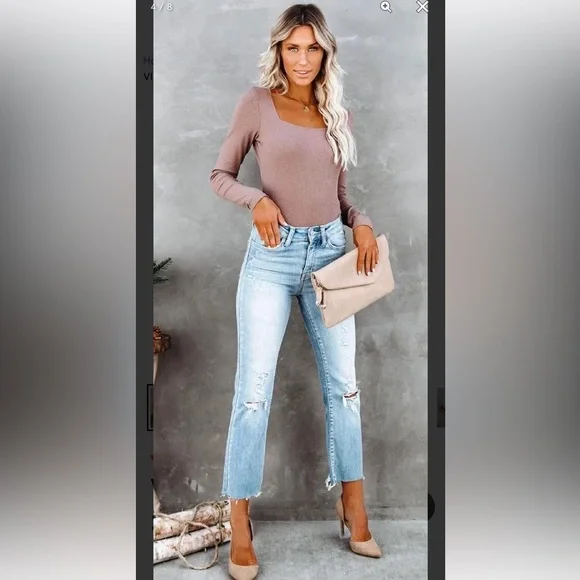 VICI Trina Square Neck Ribbed Bodysuit in Mocha Tan Cognac Light Brown Nude - Picture 7 of 8